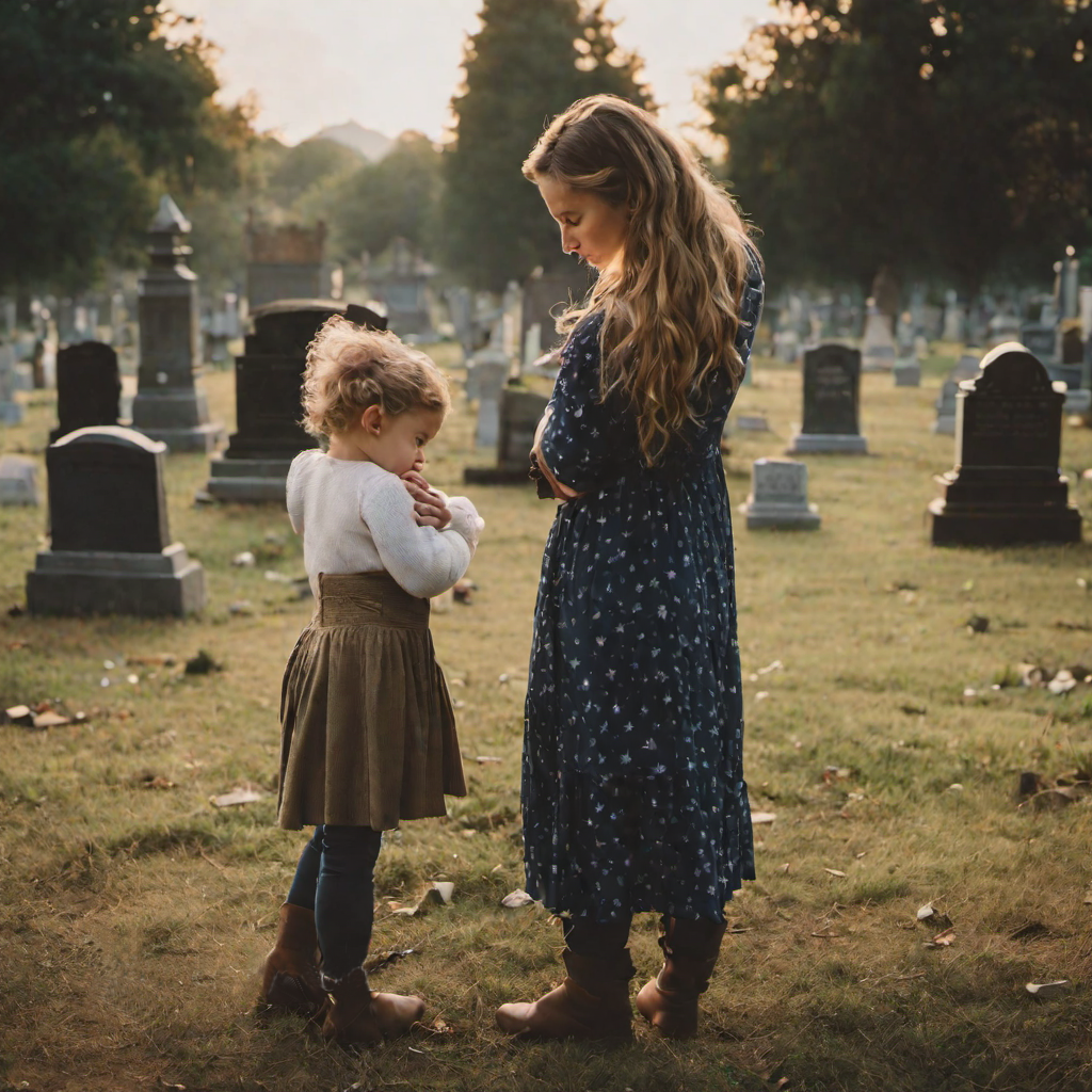 Child mother baby standing in graveyard